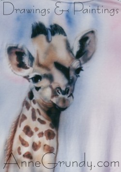 Young Giraffe Textile Ink animal portrait painting airbrushed onto a T-shirt annegrundy.com