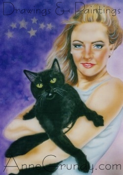 Melissa Joan Hart as Sabrina the witch and Salem the cat, acrylic ink airbrushed portrait painting on canvas board annegrundy.com