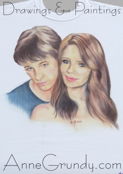 TV show The OC's Ryan & Melissa Textile Ink airbrushed portrait painting on a T-shirt annegrundy.com