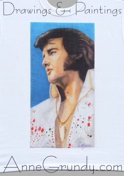 Textile Ink airbrushed portrait painting of Elvis Presley on a T-shirt annegrundy.com