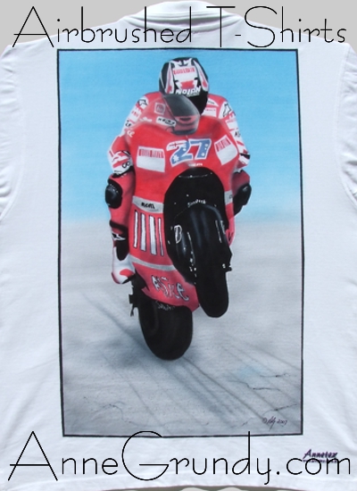 Casey Stoner Airbrushed textile ink motorbike rider on a T-shirt annegrundy.com