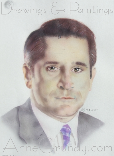 Airbrushed Anthony LaPaglia Acrylic ink portrait painting on watercolour paper at annegrundy.com