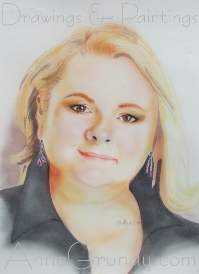 Airbrushed acrylic ink portrait painting of Magda Szubanski on watercolour paper by annegrundy.com