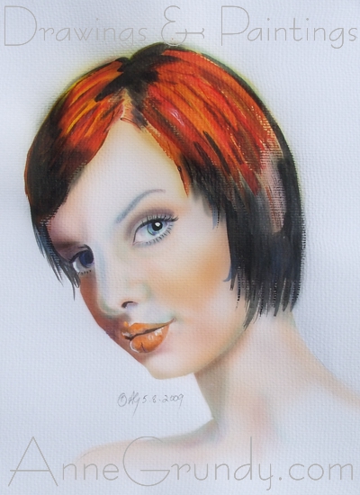  Acrylic ink portrait painting of a female model on watercolour paper by annegrundy.com