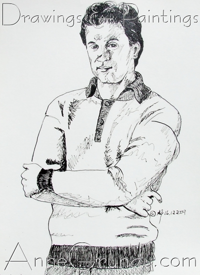  Pen & ink portrait drawing of a man on paper by annegrundy.com