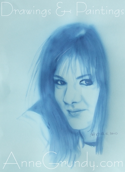 Acrylic ink portrait painting on blue poster board by annegrundy.com