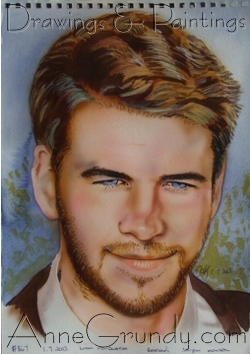 Liam Hemsworth Acrylic Ink airbrushed portrait painting on Canson Montval paper annegrundy.com